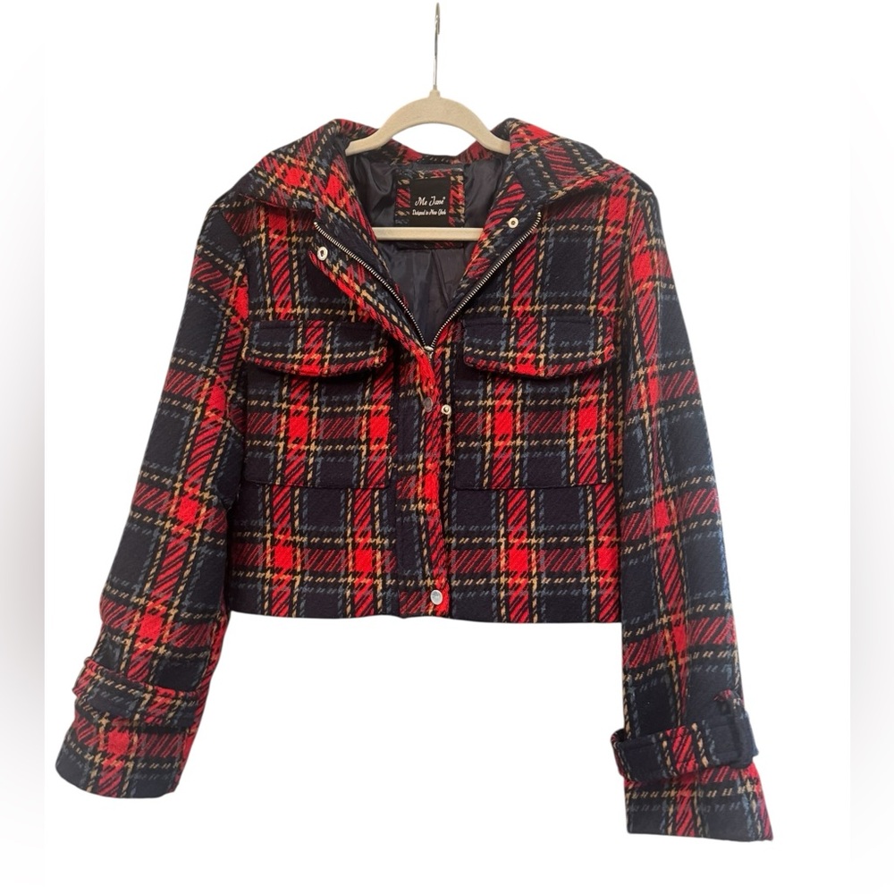 Me Jane Cropped Plaid Jacket Size XL Red Navy Zip Front